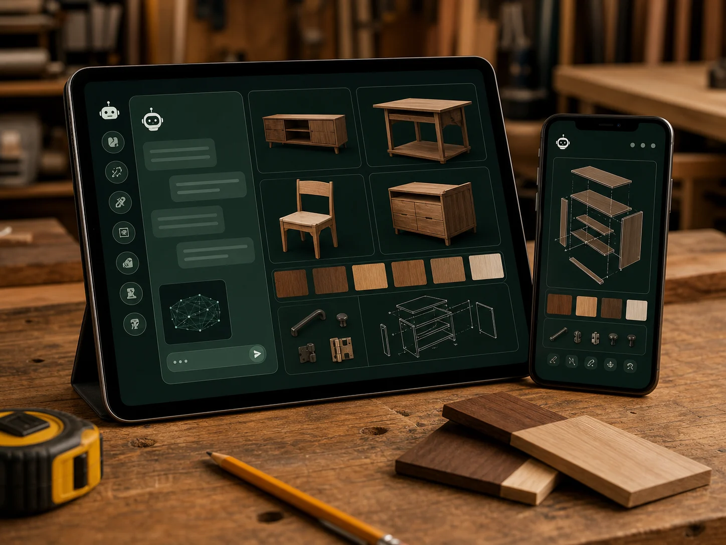 Tablet e smartphone exibindo interface de tutor de marcenaria com IA