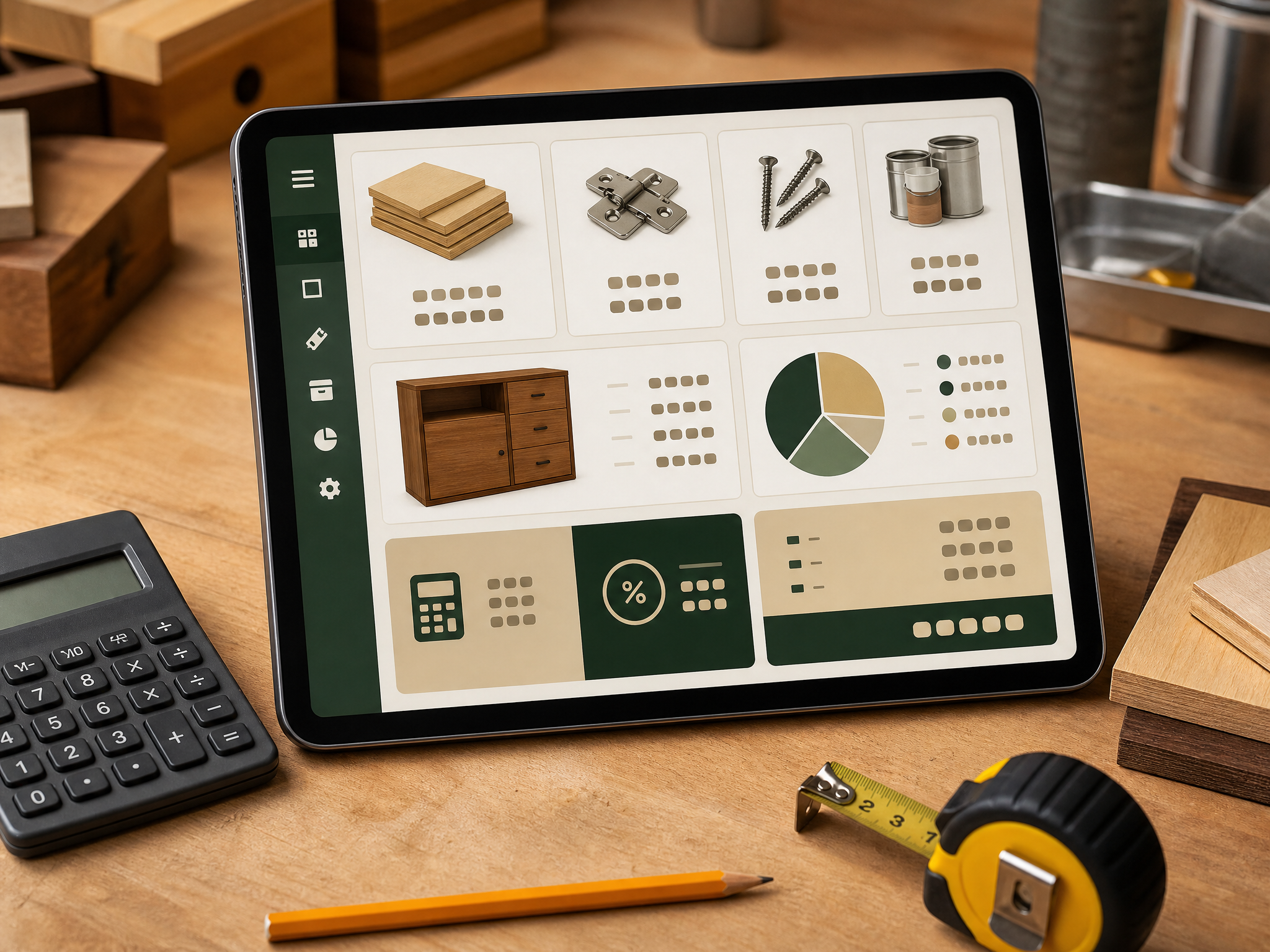 Tablet exibindo Calculadora do Marceneiro com custos, margem e preço