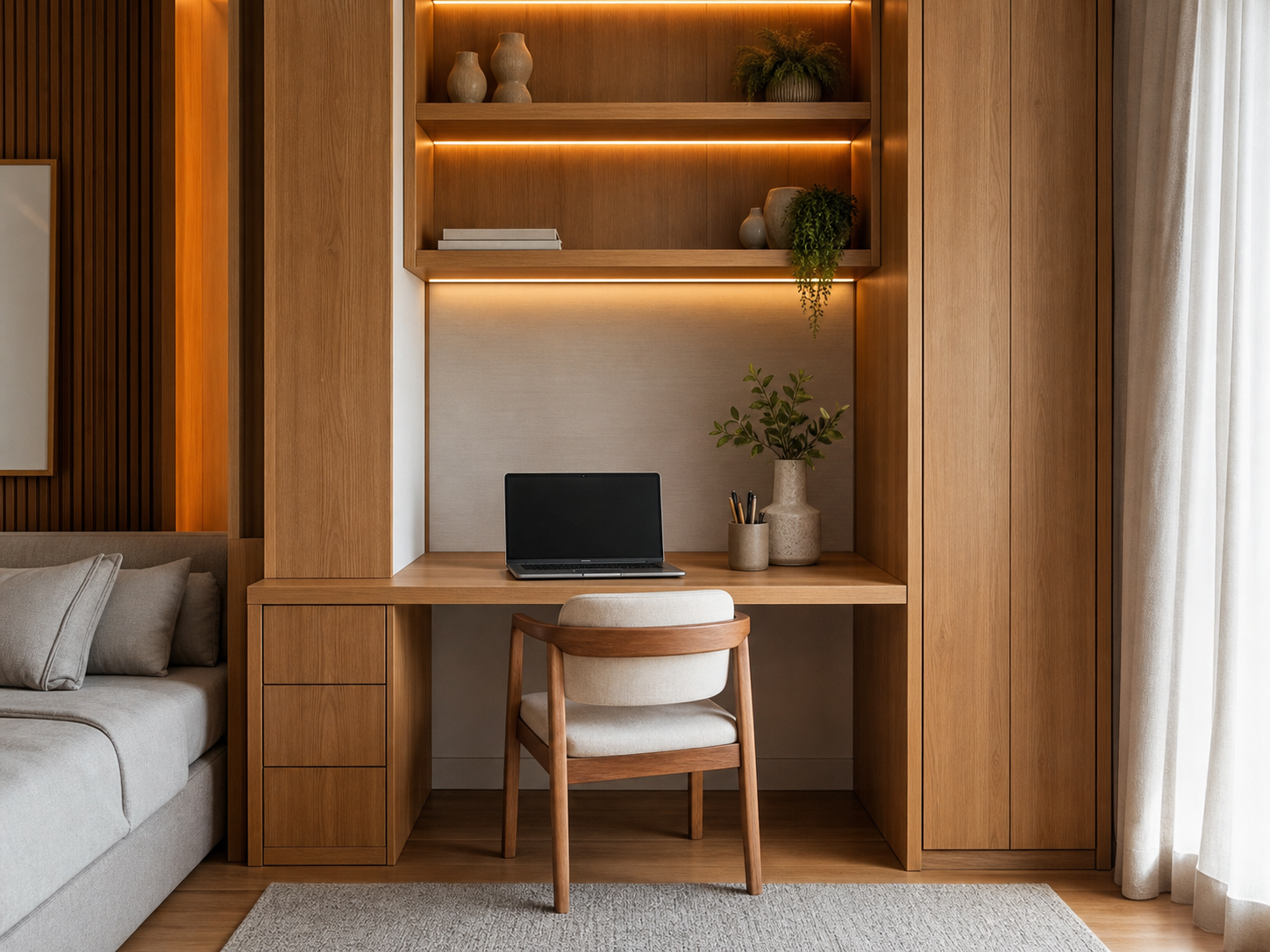 Home office integrado em nicho de marcenaria