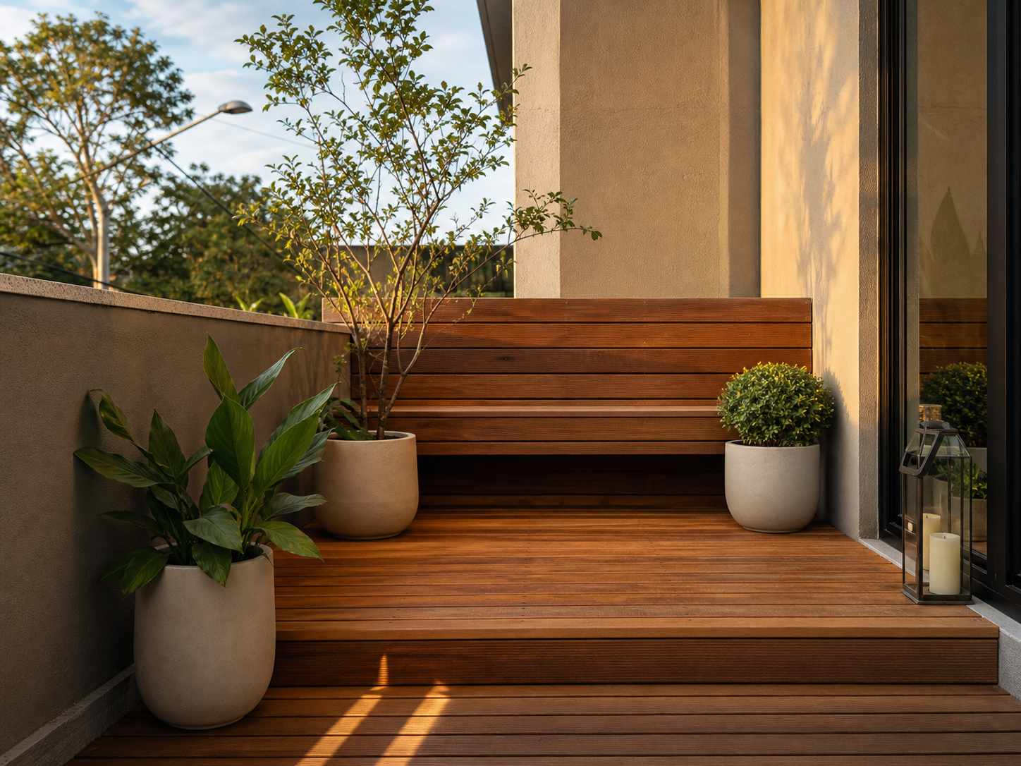 Deck de madeira para varanda com plantas